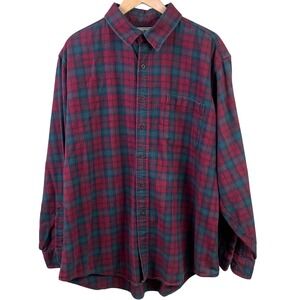 VTG LL Bean Scotch Plaid Burgundy Green Flannel Long Sleeve Shirt XL USA 80's